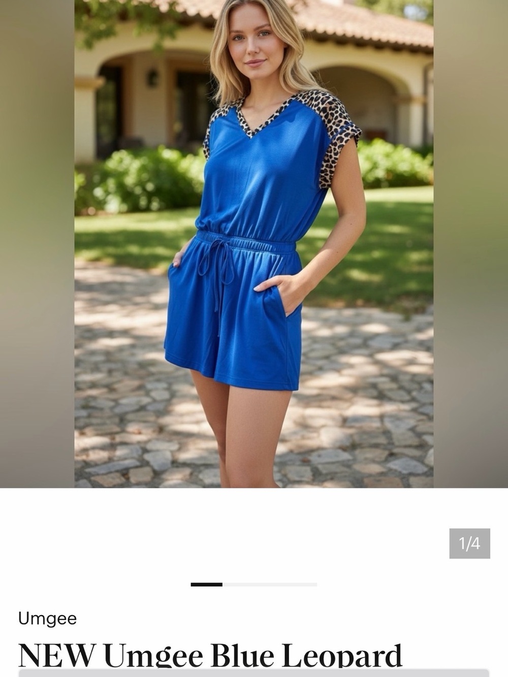 NEW Umgee Blue Leopard Animal Print Cap Sleeve V Neck Comfy Stretchy Romper M L